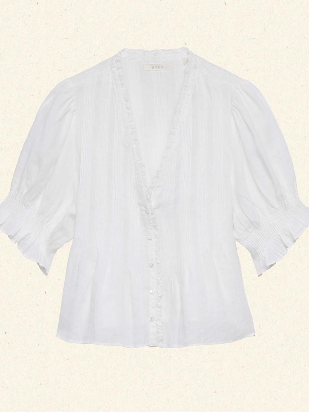 Doen Karlie Medium White Ruffle-Trim V-Neck Button Blouse